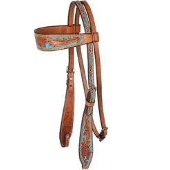 NRS Tooled Browband Headstall W/ Painted Turquoise Background